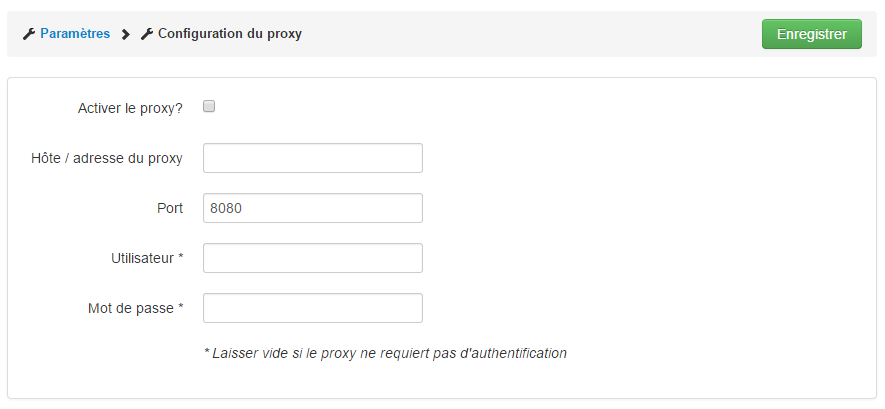 Page de configuration du proxy